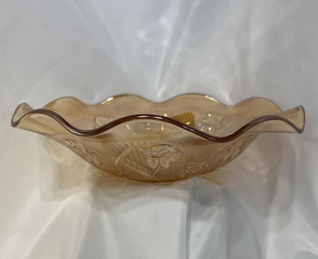 Large Vintage Amber Iridescent Carnival Glass 12” Centerpiece Fruit Bowl