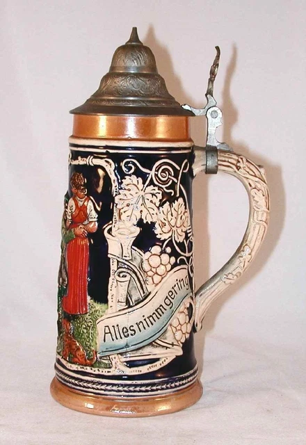 Vintage German Stein Men Flirting With Woman Pewter Lid Drink Sing In Moderation