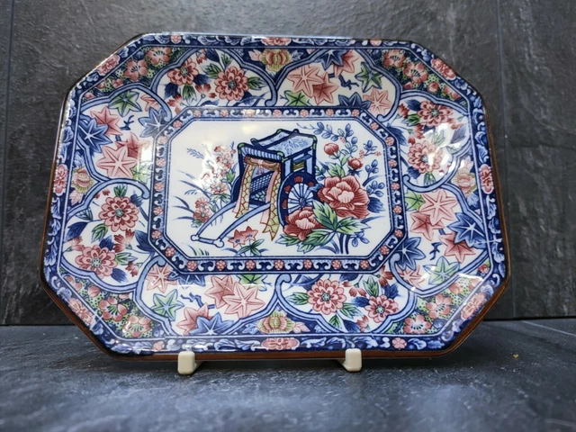 🌟PORCELAIN TRINKET DISH JAPAN RICKSHAW FLORAL MOTIF RED BLUE  6.5x5" 🌟