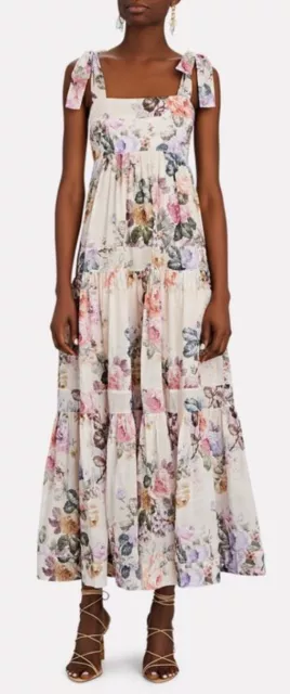 ZIMMERMANN Brighton Tie Shoulder Floral Print Cotton Midi Dress 0 XS $895