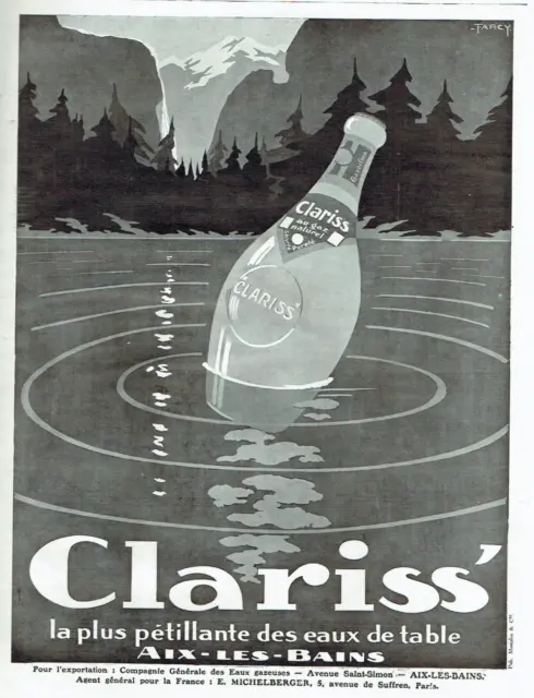 publicité Advertising  AD 0223 1928  Clariss' eau pétillante  Aix- les- Bains