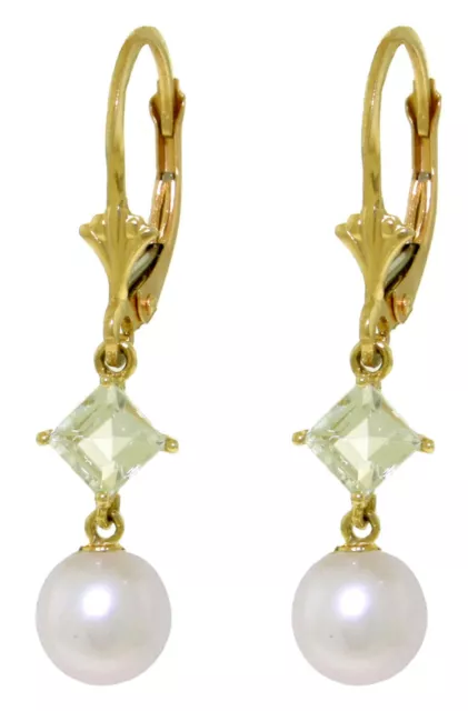 14K. GOLD LEVER BACK EARRING WITH AQUAMARINES & PEARLS (Yellow Gold)