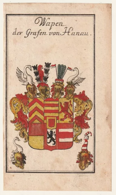 c1750 Grafen von HANAU Adel Heraldik Kupferstich-Wappen alt-koloriert