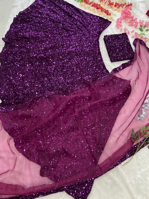 Velluto Viola Lehenga Choli Matrimonio Indiano da Indossare Lengha Chunri Sari