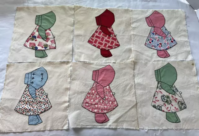 Lote de (6) bloques de edredón de tela cosida a mano antiguos de colección SunBonnet