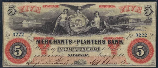 $5 Merchants & Planters Bank of Savannah Georgia Obsolete Banknote! Colorful!