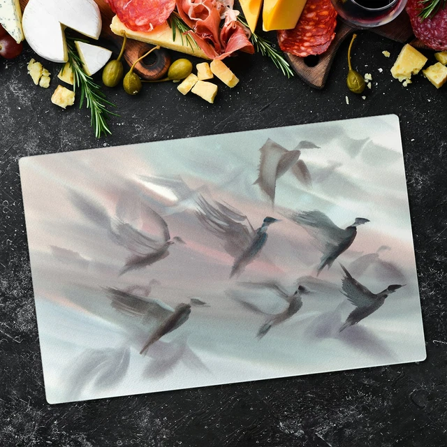 Planche à Découper En Verre Trempé 80x52 Cm - Motif Flamant Rose Abstrait Bleu - Multifonction Coloray
