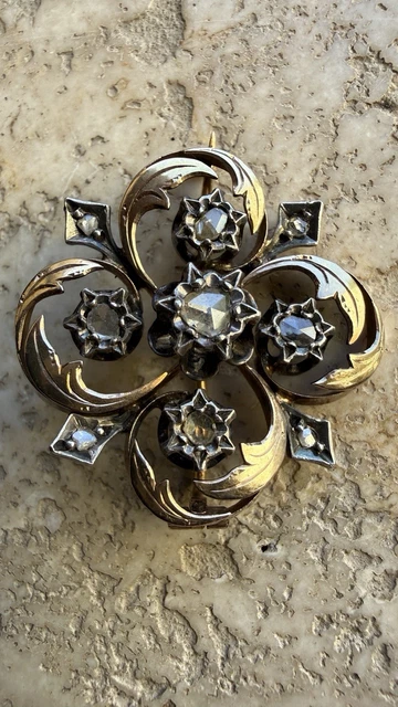 Broche Ancienne (fibule) En Argent Massif - Ornée De Jade, Rubis, émeraude, Nacre - Occasion