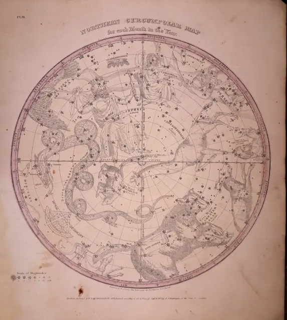 1835 Star Chart ~ THE NORTHERN CIRCUMPOLAR MAP for EACH MONTH by Burrett -#021