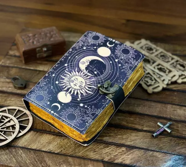 Cuaderno de cuero vintage sol luna, diario grimorio, libro de hechizos de...