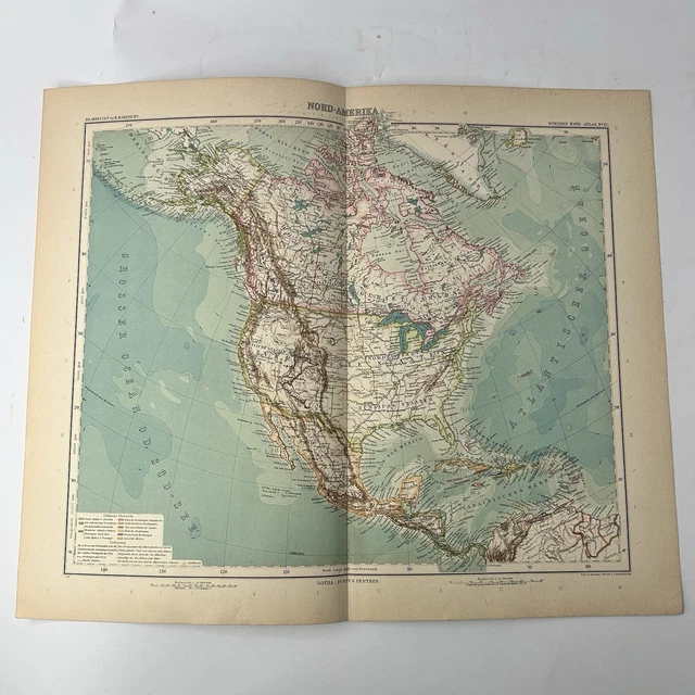 STAMPA ANTICA NORD America 1908 Atlante Stieler mappa originale ...