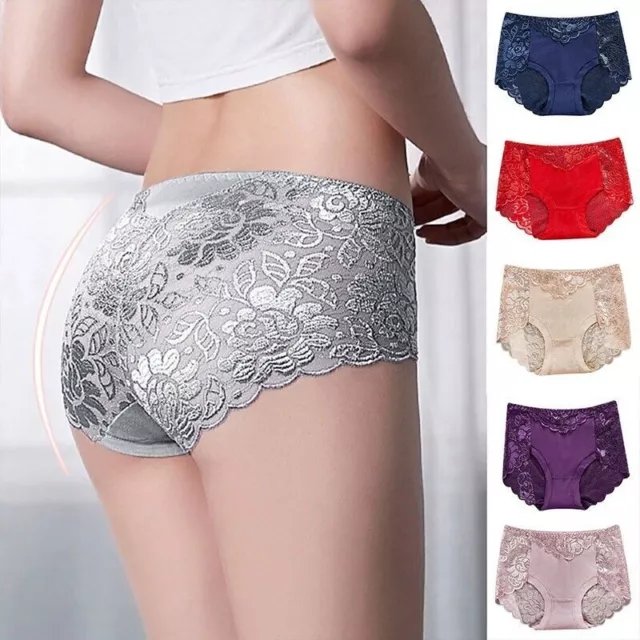 Women Low Rise Satin Lace Silky Floral Panties Thong Knickers Underwear