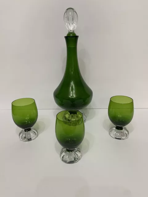 VTG 1960s MCM Hand Blown 4pc Green & Clear Glass Decanter Set w/Stopper Swedish