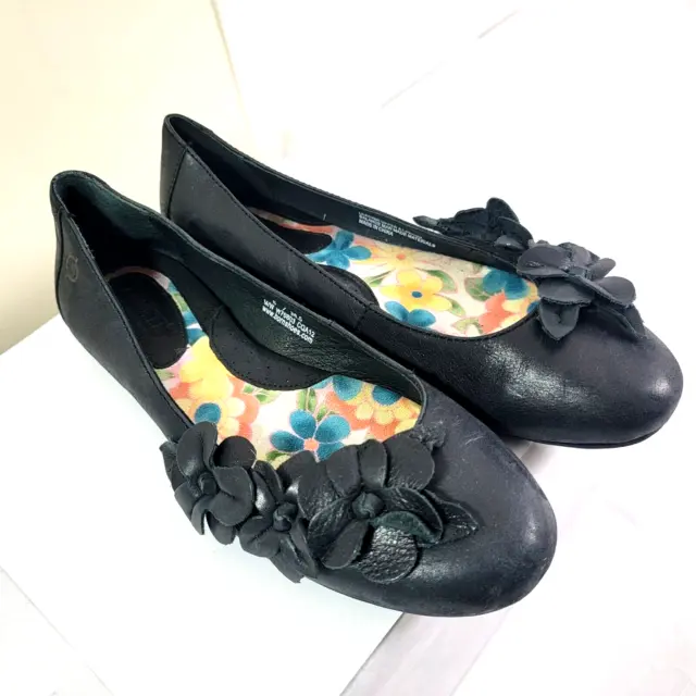 Born Handcrafted Footwear Black Leather Slip On Flat Shoe Size 6 / 36.5 Flower