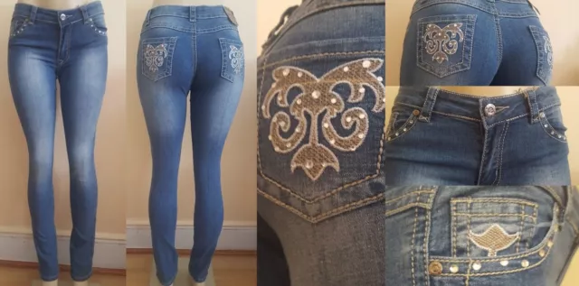 Low Rise Stretch Mid Blue wash skinny jeans denim pants embroidery & Rhinestones