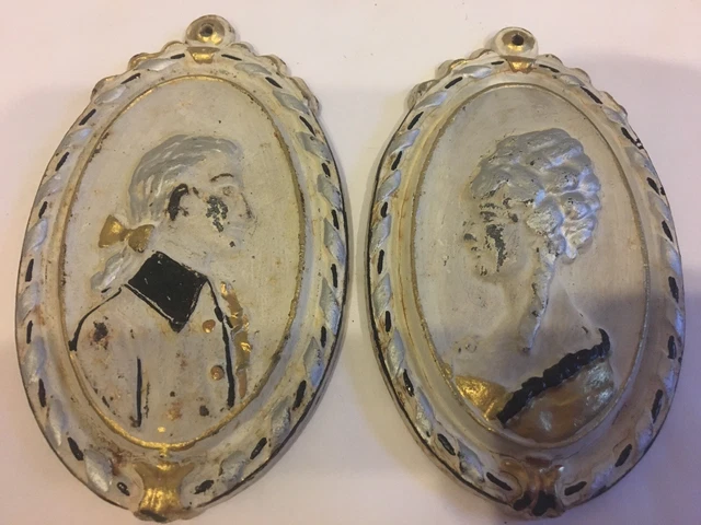 Pair Antique Cast Iron WS Small Plaques Door Knockers Wall Art Man & Woman c1923