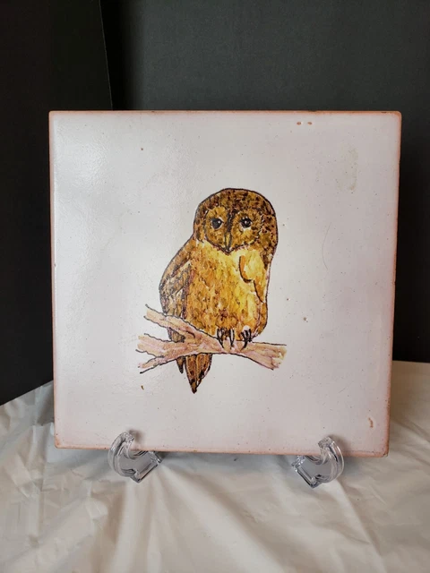 Vintage Ceramic Owl Tile Spanish Folk Art Hand Painted Decor