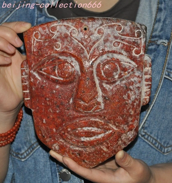 6'' Hongshan culture old jade people face Facial makeup Mask sacrifice statue