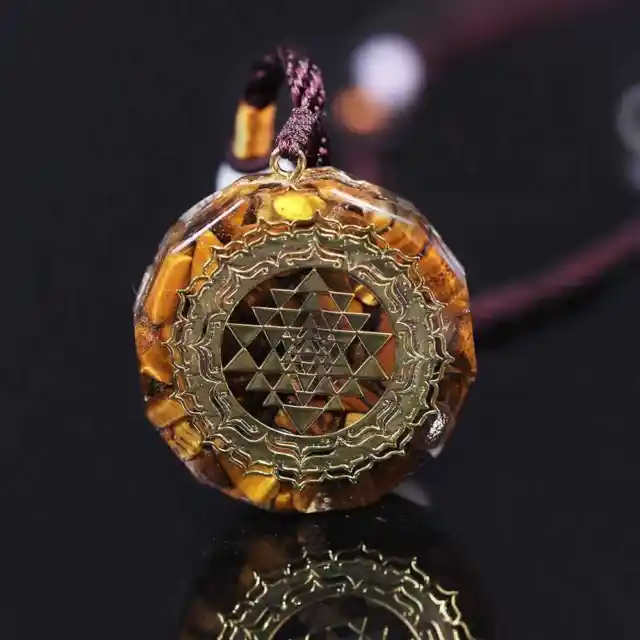 Orgonite Necklace Sri Yantra Pendant Sacred Geometry Tiger Eye Energy Necklace