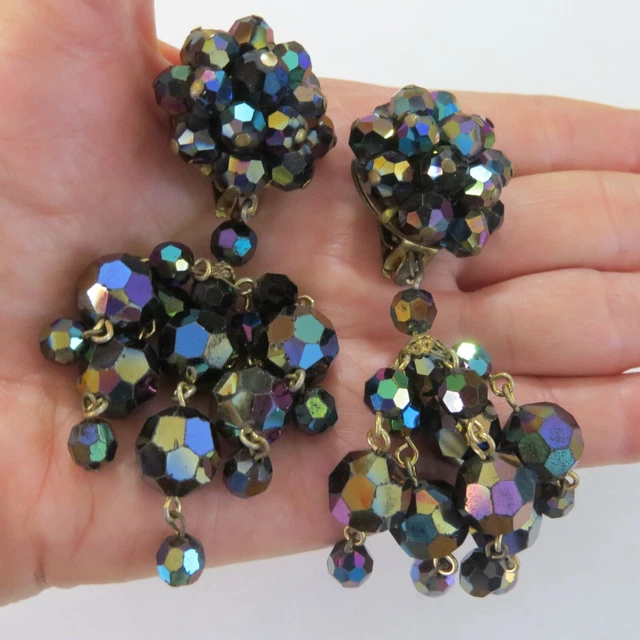 Vintage France Black Glass Crystal Bead Chandelier Clip Earrings