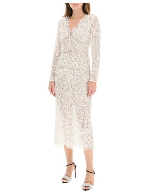 SELF-PORTRAIT Cream Embellished Cord Lace Midi Dress Size US8 UK12 Orig $527 NEW