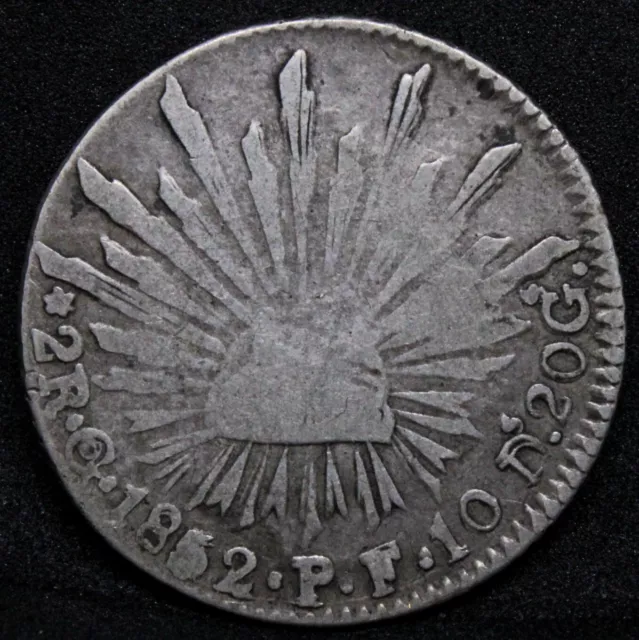 2 Reales 1852 Go-PF. Mexico silver Coin. Error with Doubling to lettering. KM-37