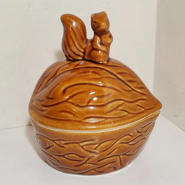 Ceramic Lidded Nut Candy Cookie Dish Walnut Shaped with Squirrel on Top