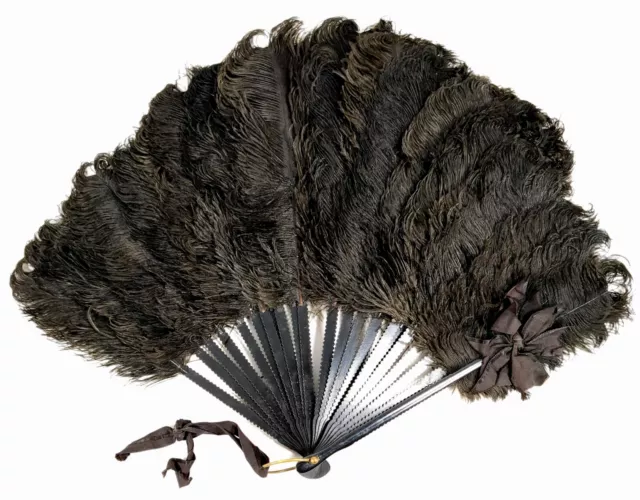 Antique Black Ostrich Feather Folding Hand Fan Late Victorian Era 18" Spread