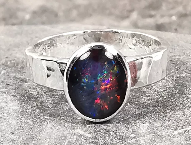 Sterling Silver Large Genuine Opal Ring Handcrafted Australian Triplet Opal