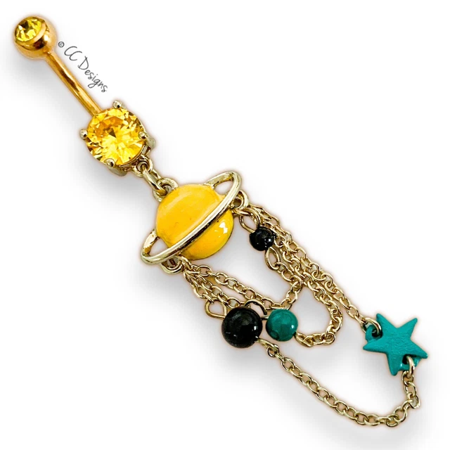 14g gold IP yellow cz dangle chain planet star bead black aqua belly ring (B66)