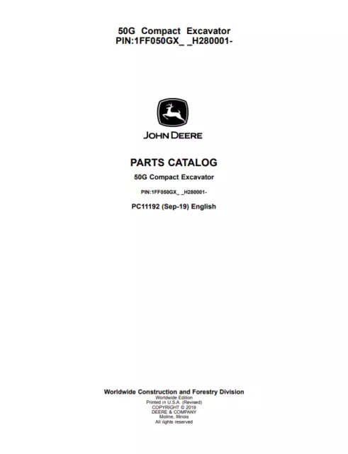 John Deere 50G Compact Excavator Parts Catalog PDF/USB - PC11192