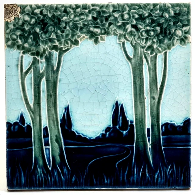 Art Nouveau Fireplace Tile Landscape Moulded Majolica Henry Richards C1905