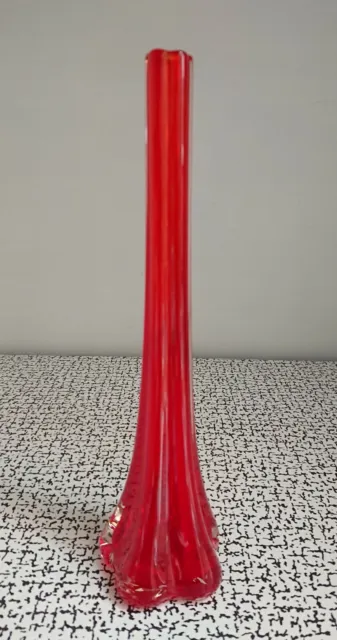 50s 60s Retro Vintage Orange Red & Clear Murano Freeform Art Glass Bud Stem Vase