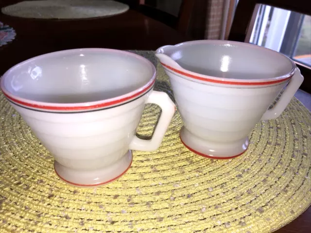 SUGAR & CREAMER - VTG DEPRESSION GLASS HAZEL ATLAS WHITE w RED/BLACK BAND