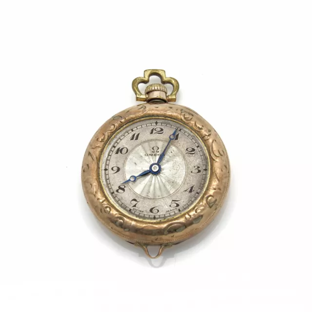 Omega Gold Filled 17j Ticking Open Face Ladies Etched Pocket Watch #WB738-3