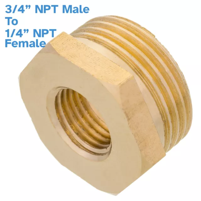 Brass 3/4" NPT Male To 1/4" NPT Female Pipe Reducer Low Profile Threaded Adapter
