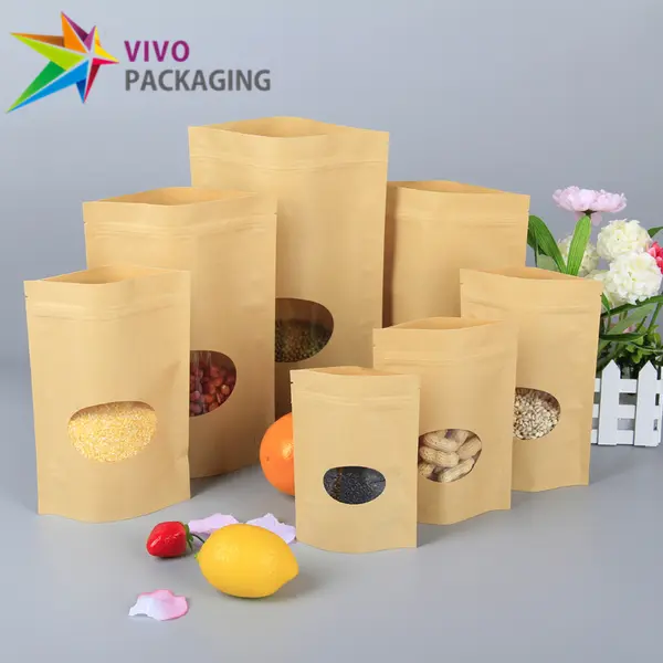 Kraft Paper Stand Up Doy Pouches, Zip Seal Food Oval Window Zipper Bag (100 pcs)