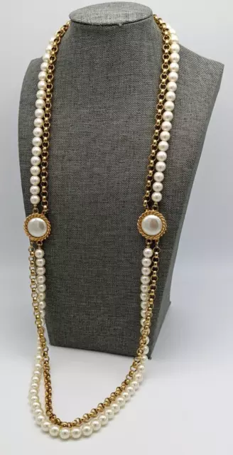 Vintage Gold Tone Chunky Two Strand White Glass Faux Pearl Bead Chain Necklace