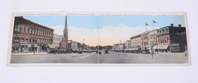 Vintage 1930 Canandaigua NY FOLD-OUT Both Sides of MAIN STREET VIEW  Post Card