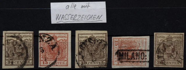 LOMBARDEI-VENETIEN 1850 5Stk. Marken! Alle mit WASSERZEICHEN! Interessantes Lot