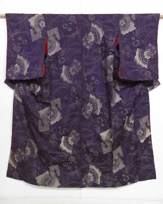 1019i06z780 Vintage Japanese Kimono Silk OMESHI KOMON Dark purple Flowers