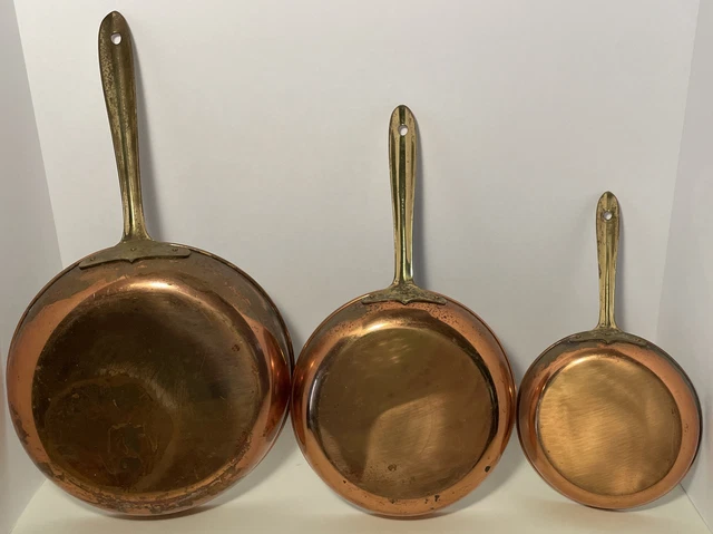 Set of 3 Vintage Copper Frying Saute Pans Brass Handles 10", 8", 6" Wall Hanging