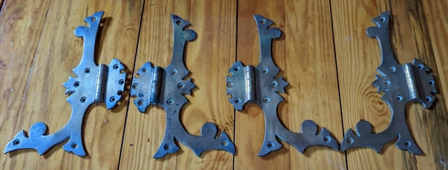 Vintage Antique Set of 4 L Shaped Brass Cabinet Door Strap Hinges Ornate Design