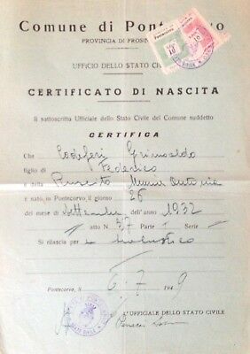 § PONTECORVO 1949 - Certificato di nascita con 2 marche "L.10 di Stato Civile"