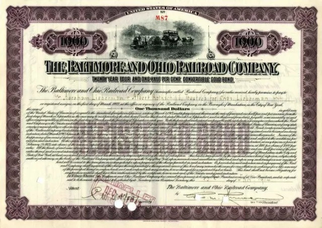 Baltimore and Ohio Railroad Co. Issued to Albert Rothschild, Trustee - $1,000 Bo