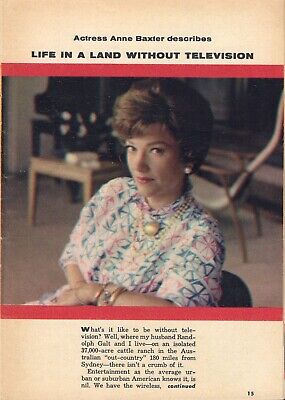 1961 TV ARTICLE ~ ACTRESS ANNE BAXTER Isolated Cattle Ranch in Austalia No Tv