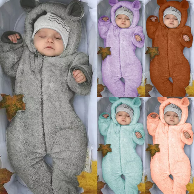 Newborn Baby Girls Boys Bear Ears Hooded Footed Romper Zipper Fleece Jumpsuits