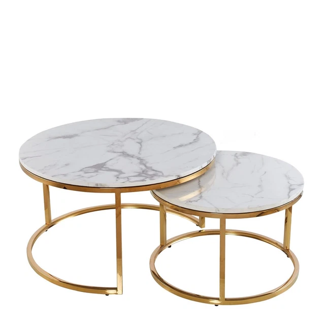 Redondo Mesita Baja Set Oro Blanco Acero Inox. Mármol Mesa de Salón 2 Unidad
