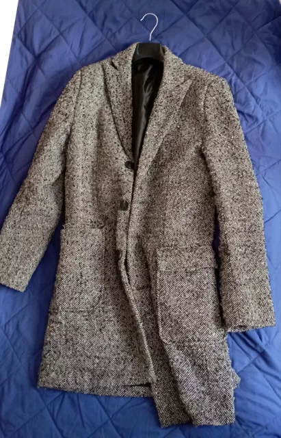 Cappotto Vintage in Tweed di Lana Grigio Spina di Pesce Da Uomo Taglia S