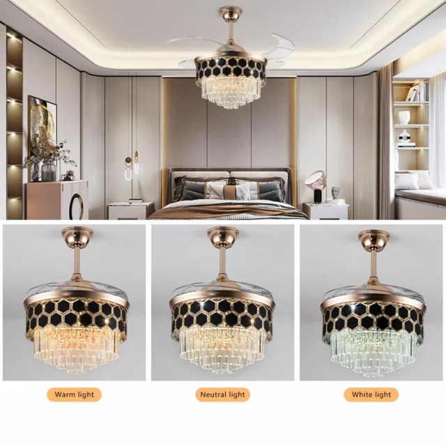 4 Retractable 42inch Blades Ceiling Fan LED Light With Remote Control & Timing